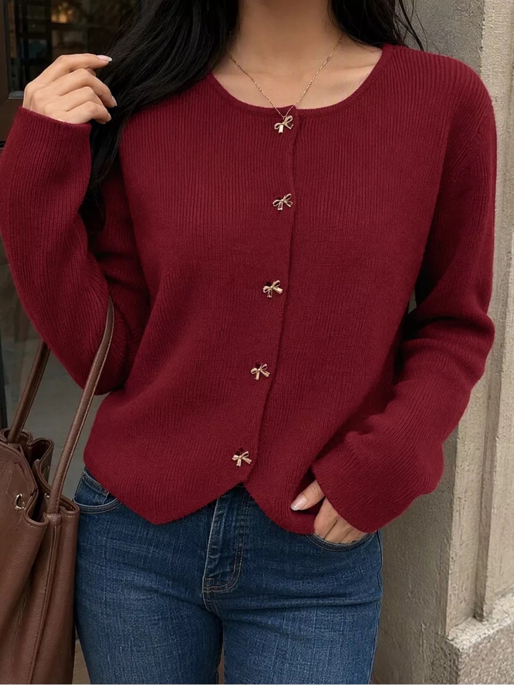 Burgundy Bow Button Up Knit Cardigan